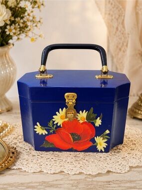 VTG Wooden Floral Box Purse Blue Hand Painted Lucite Handle Velvet Lined Handbag